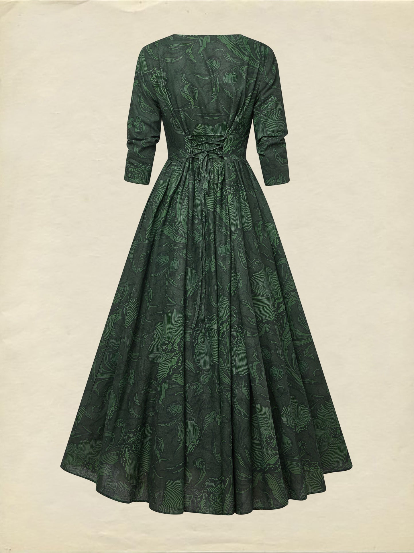 Robe longue en lin, Manches mi-longues, Col en V, Fleurie, Vacances, Vintage, Vert foncé