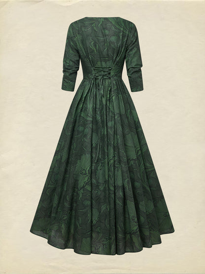 Robe longue en lin, Manches mi-longues, Col en V, Fleurie, Vacances, Vintage, Vert foncé
