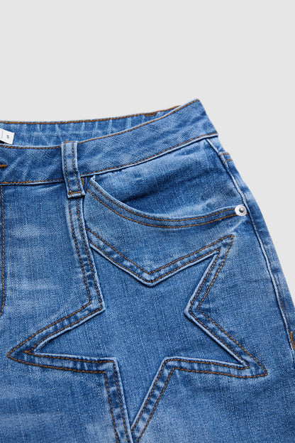 Wash Star Pattern Stitch Detail Mid Waist Bootcut Jeans Without Belt