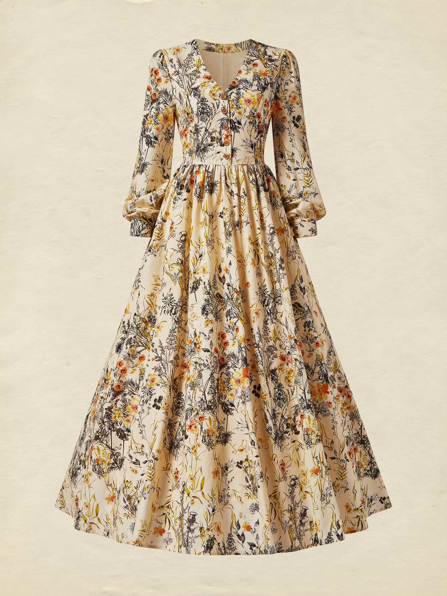 Robe longue en lin, manches longues, col en V, motif floral, abricot, quotidienne