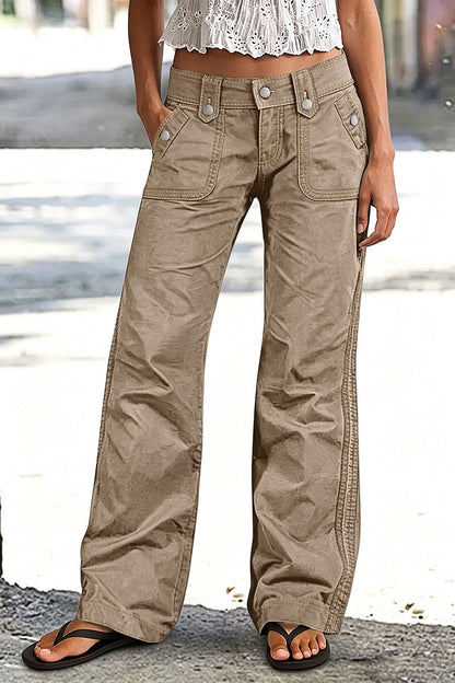 Solid Patch Pocket Mid Waist Wide Leg Pants