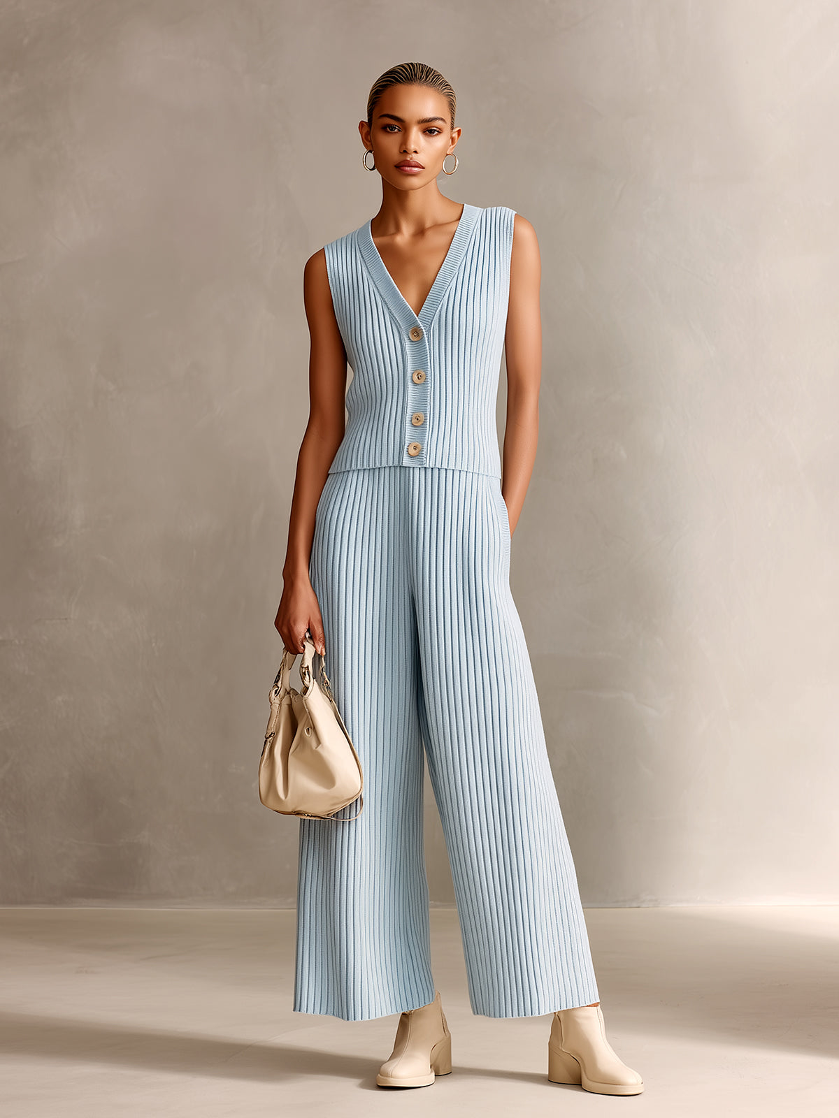 Chic Elegant Light Blue V-Neck Single-Breasted Slim-Fit Vest And Elastic Waist Wide-Leg Pants Ribbed Knit Two-Piece Set