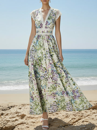Robe longue en lin, Manches courtes, Florale, Dentelle, Vacances, Vintage, Blanche