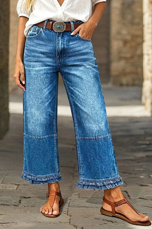 Wash Stitch Detail Ruffle Hem High Rise Wide Leg Crop Jeans Without Belt