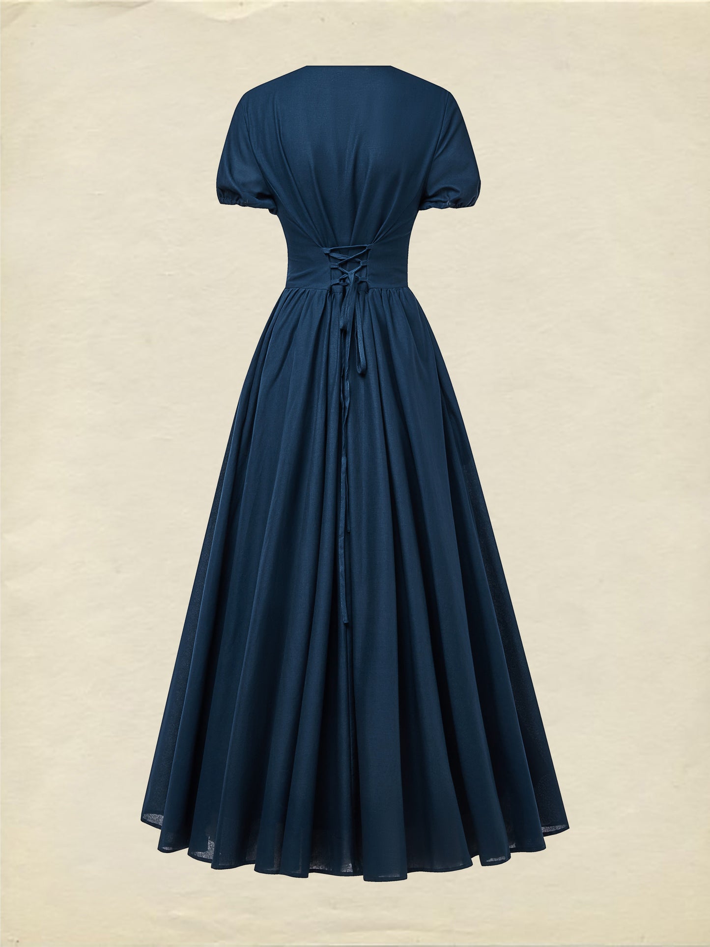 Robe longue en lin, manches courtes, col en V, unie, dentelle, vintage, bleue