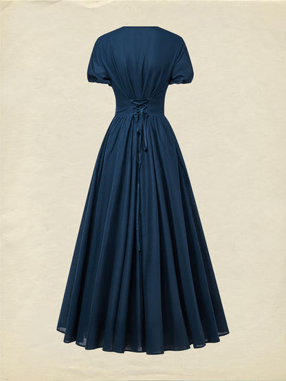 Robe longue en lin, manches courtes, col en V, unie, dentelle, vintage, bleue