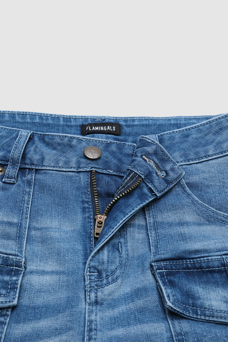 Wash Flap Pocket Mid Rise Mid Thigh Denim Shorts Without Belt