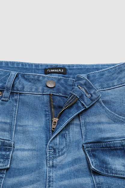 Wash Flap Pocket Mid Rise Mid Thigh Denim Shorts Without Belt