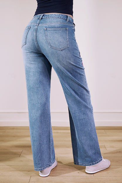 Wash Artistic Embroidery Dual Button Wrap Mid Waist Straight Leg Jeans