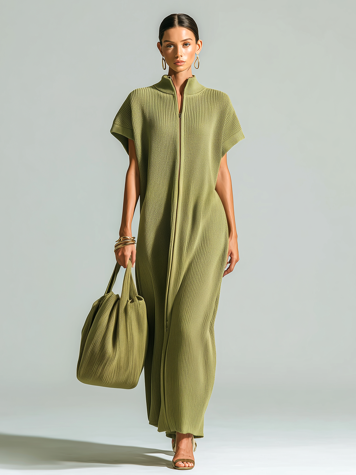 Stylish Elegant Olive Green Stand-Collar Zipper-Front Drop Shoulder Sleeveless Loose-Fit Ribbed Knit Maxi Dress