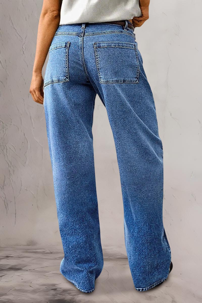 Valentine's Day Pattern Embroidered Patch Pocket Mid Rise Straight Leg Jeans Without Belt