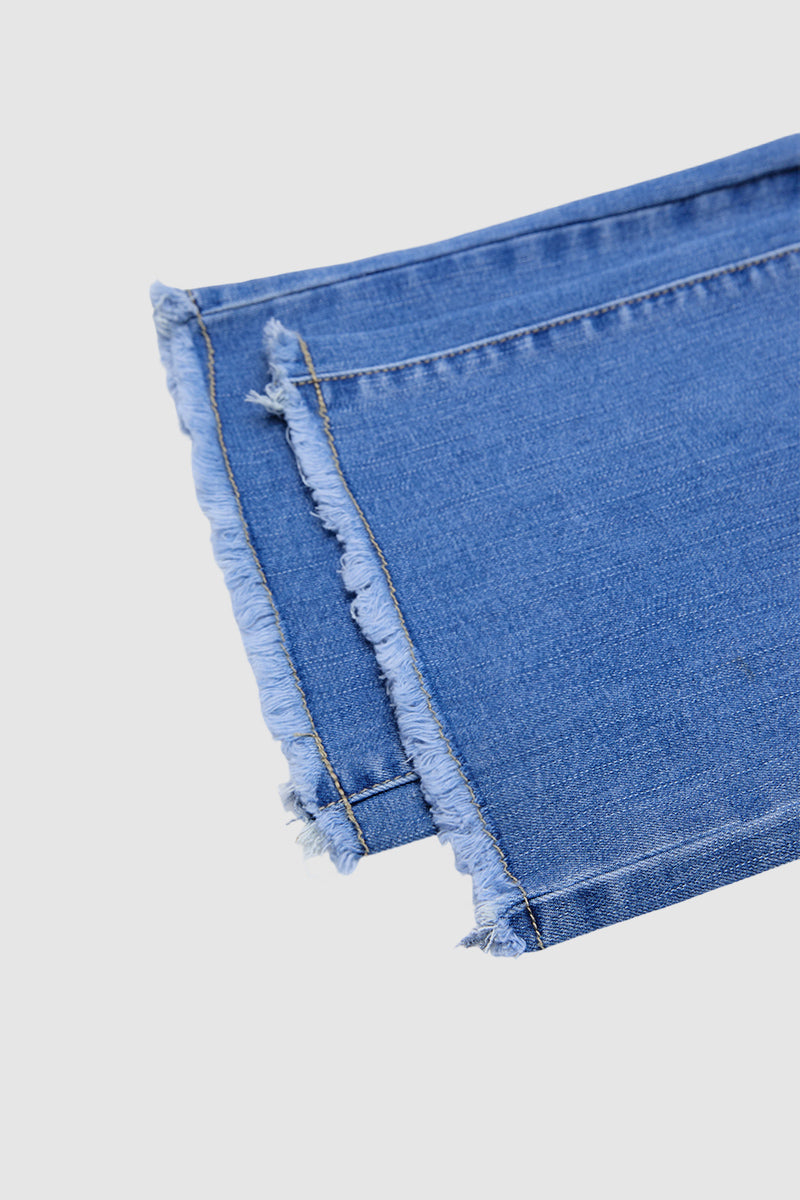 Wash Raw Hem Dual Button Mid Waist Bootcut Jeans