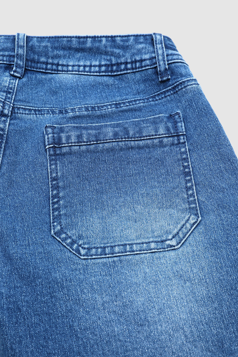 Wash Dual Button Stitch Detail Mid Waist Denim Bermuda Shorts