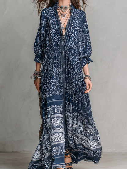 Robe longue rétro à imprimé ethnique bleu indigo