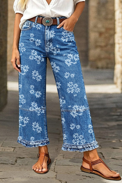 Wash Floral Print Ruffle Hem High Waist Wide Leg Cropped Jeans Without Belt