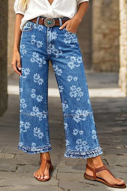 Wash Floral Print Ruffle Hem High Waist Wide Leg Cropped Jeans Without Belt