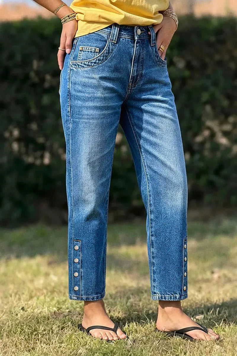 Wash Button Detail High Waist Straight Leg Cropped Jeans