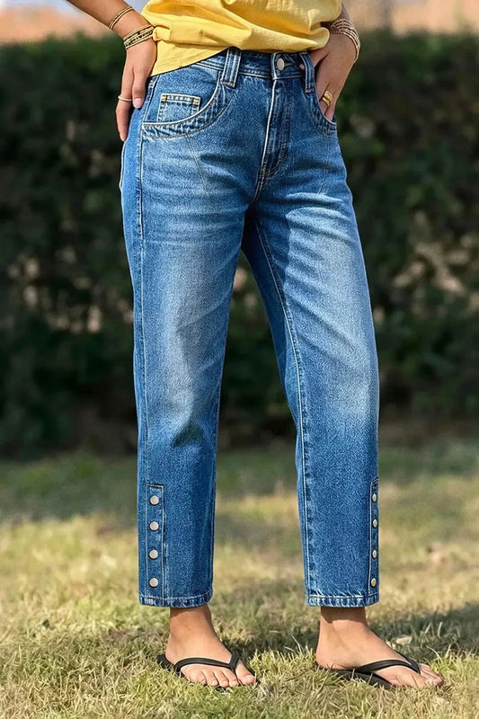Wash Button Detail High Waist Straight Leg Cropped Jeans