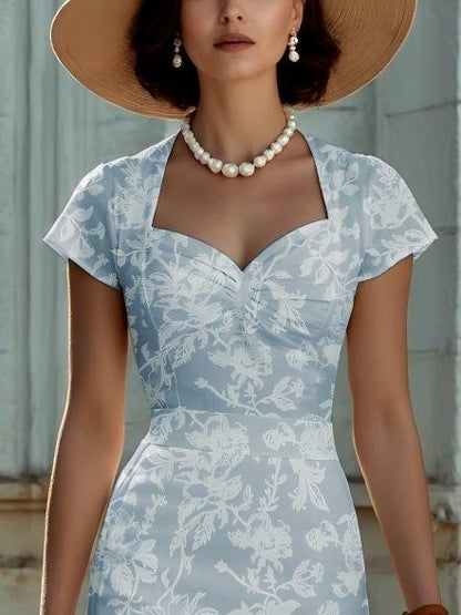 Robe midi en lin, manches courtes, encolure cœur, florale, volants, vintage, bleue