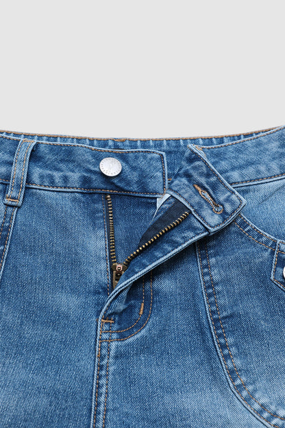 Wash Patch Pocket Split Side Mid Rise Denim Shorts