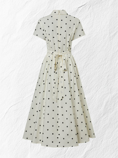 Robe longue en lin, manches courtes, col châle, pois, esprit vintage français, blanc cassé
