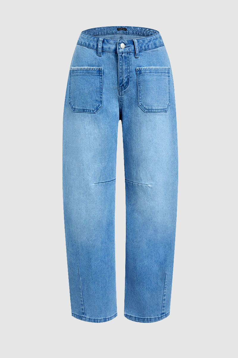 Wash Contrast Stitch Patch Pocket Mid Rise Barrel Leg Crop Jeans Without Belt