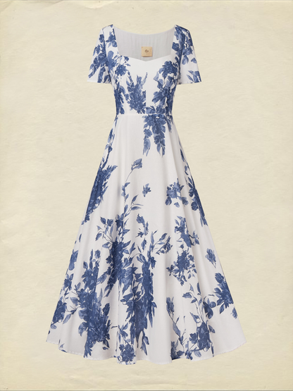 Robe longue en lin, Manches courtes, Encolure carrée, Imprimé floral, Vacances, Style vintage français, Bleu
