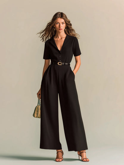 Chic Elegant Black Notched Collar Button-Front Short-Sleeve Tailored Waist Belted Wide-Leg Ribbed Knit Jumpsuit