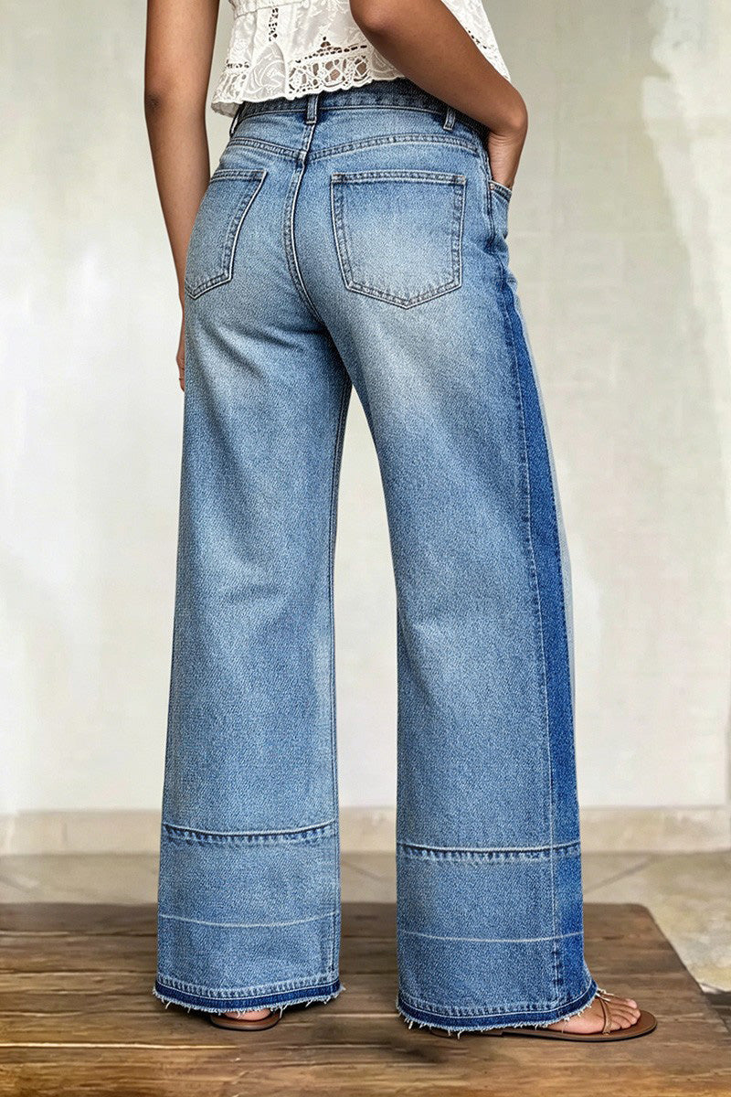 Cut & Sew Raw Hem Mid Rise Wide Leg Jeans Without Belt