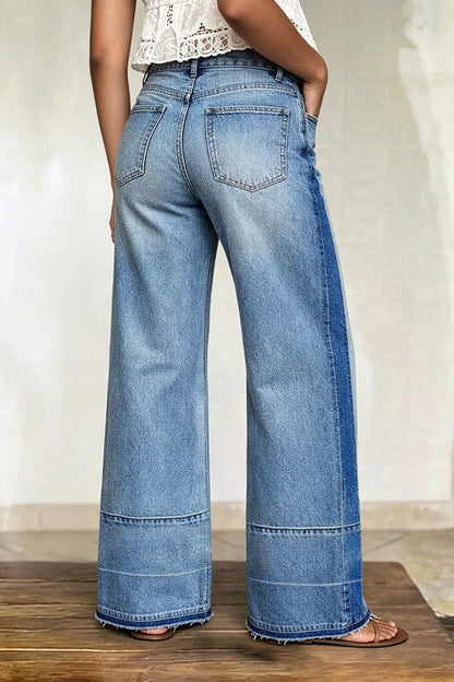 Cut & Sew Raw Hem Mid Rise Wide Leg Jeans Without Belt