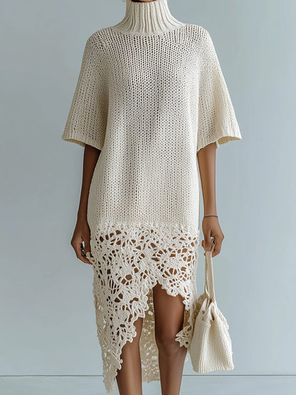 Chic Elegant Beige Turtle Neck Short-Sleeve Patchwork Irregular Lace Hem Relaxed-Fit Knit Midi Dress