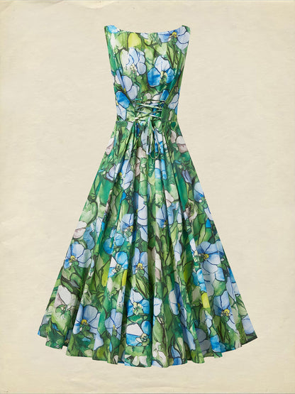 Robe longue en lin, sans manches, col carré, florale, vitraux d'église, vacances, vintage, verte