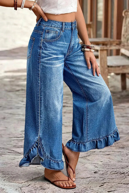 Wash Ruffle Hem Split Mid Waist Wide Leg Jeans