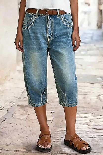 Wash Pleated Mid Rise Capri Tapered Jeans Without Belt