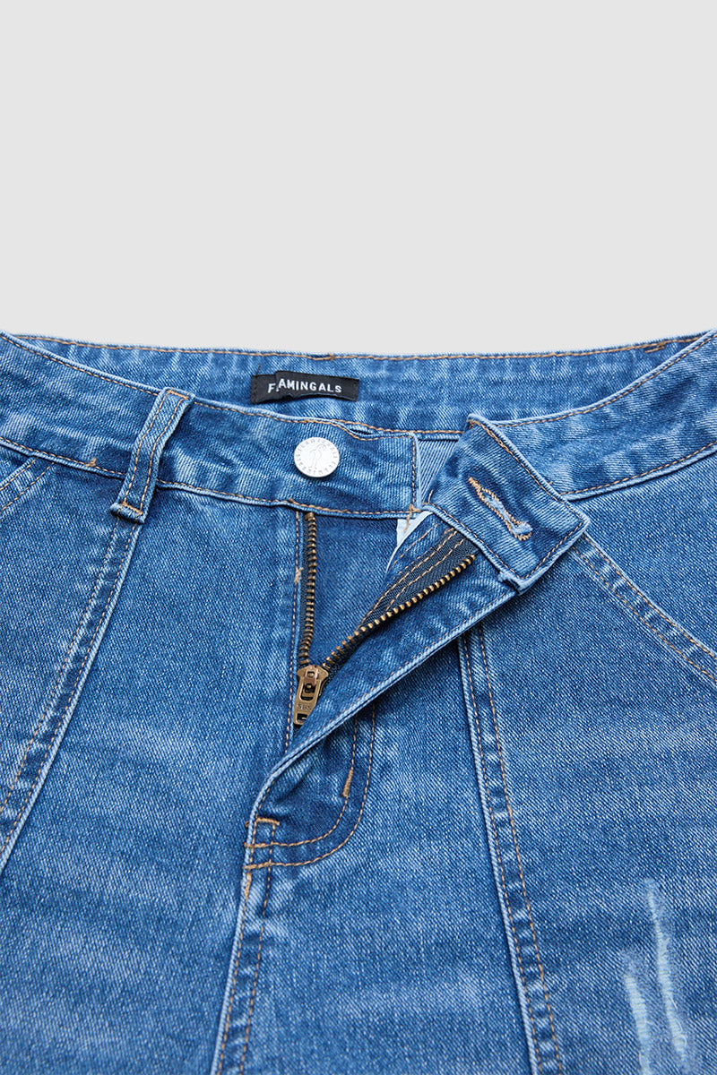 Wash Ripped Ruffle Hem High Rise Wide Leg Jeans