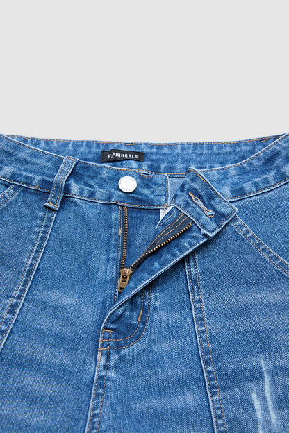 Wash Ripped Ruffle Hem High Rise Wide Leg Jeans