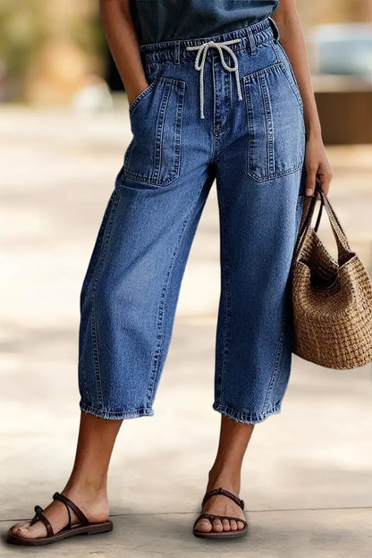 Raw Hem Drawstring Mid Waist Barrel Leg Capri Jeans