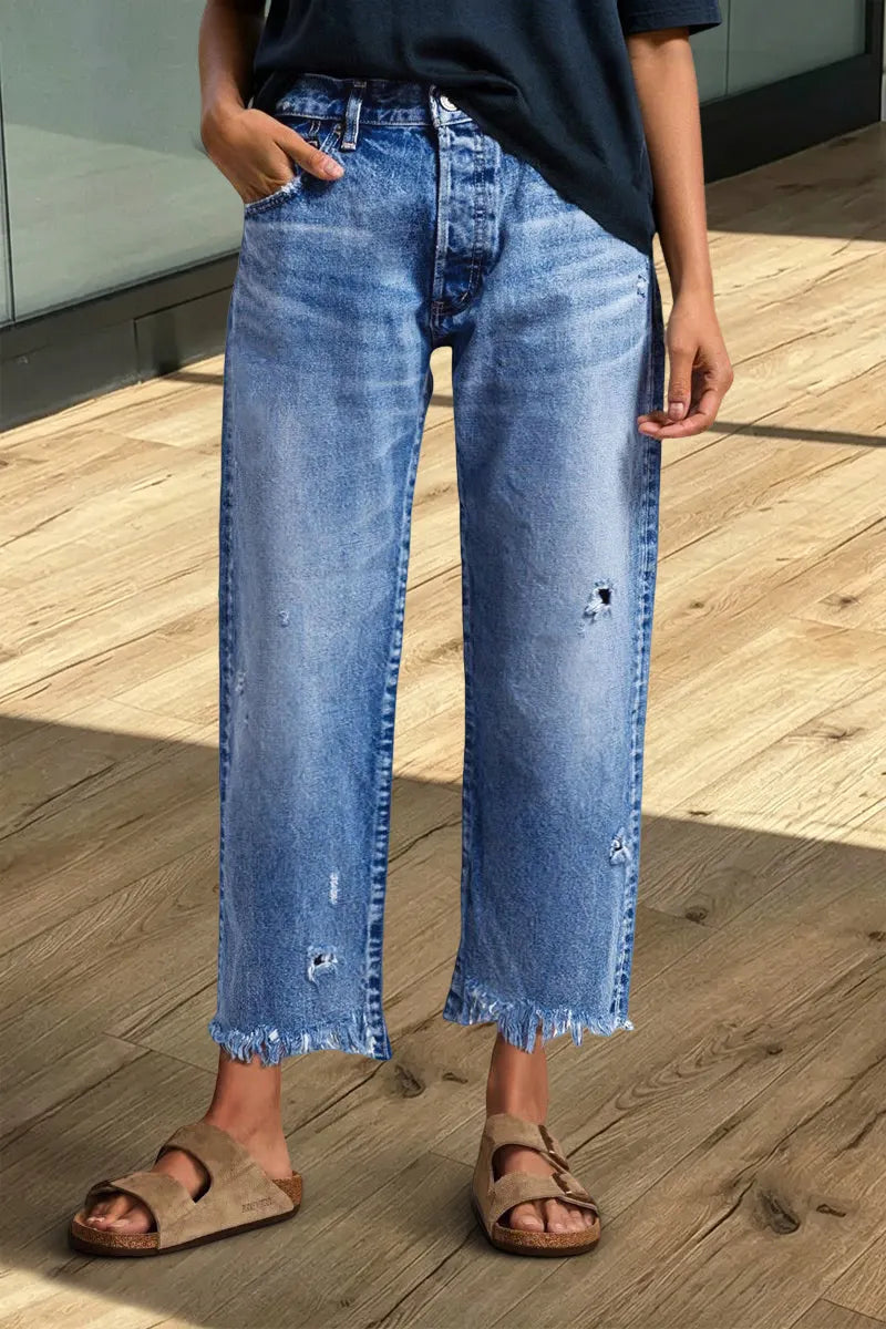 Wash Raw Hem Ripped Mid Rise Crop Straight Leg Jeans