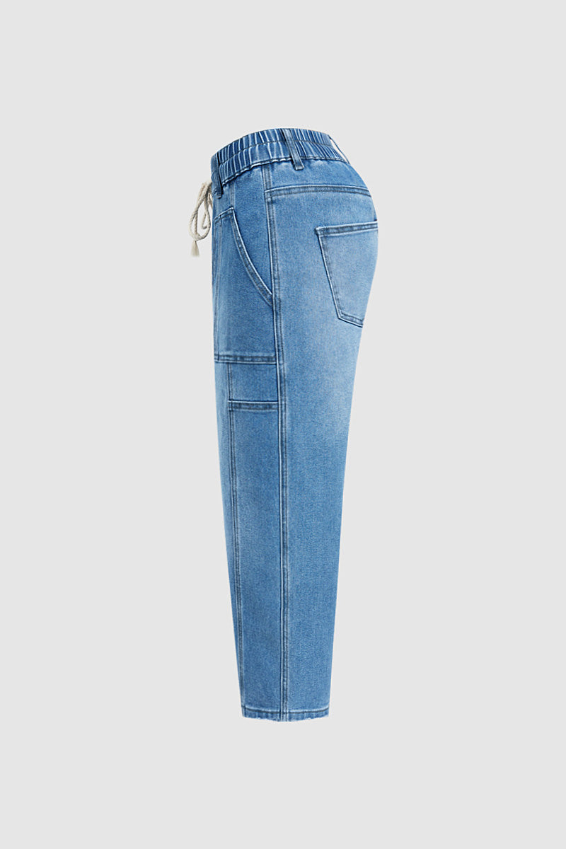 Raw Hem Drawstring Mid Waist Barrel Leg Capri Jeans