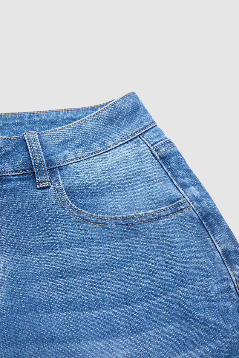 Wash Ripped Roll Hem Mid Rise Straight Leg Crop Jeans