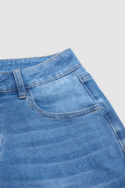 Wash Ripped Roll Hem Mid Rise Straight Leg Crop Jeans