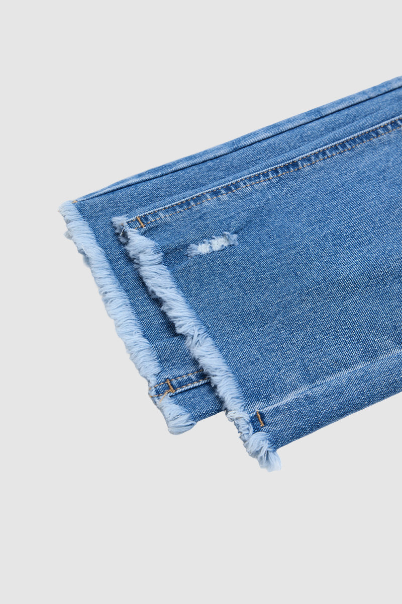 Raw Hem Ripped Mid Waist Straight Leg Crop Jeans