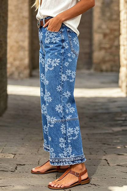 Wash Floral Print Ruffle Hem High Waist Wide Leg Cropped Jeans Without Belt