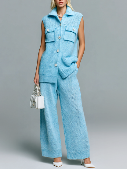 Chic Casual Blue Lapel Pocket Button Sleeveless Loose Ribbed Vest Wide-Leg Pants Knit Two-Piece Set