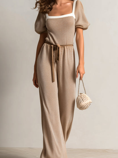 Chic Elegant Camel Square Neck Short Lantern Sleeve Contrast Trim Detail Tie-Waist Loose-Fit Wide-Leg Knit Jumpsuit