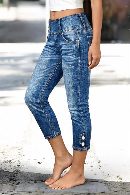 Wash Button Decor Mid Waist Skinny Capri Jeans