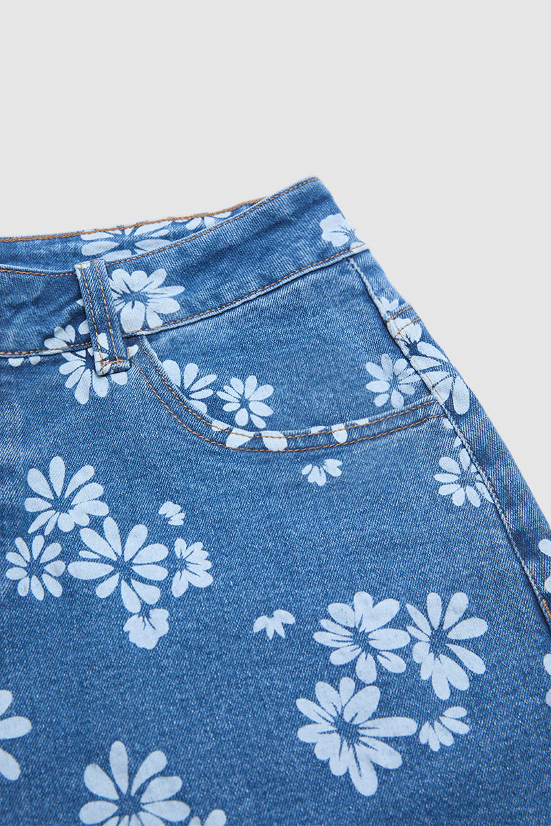 Wash Floral Print Ruffle Hem High Waist Wide Leg Jeans