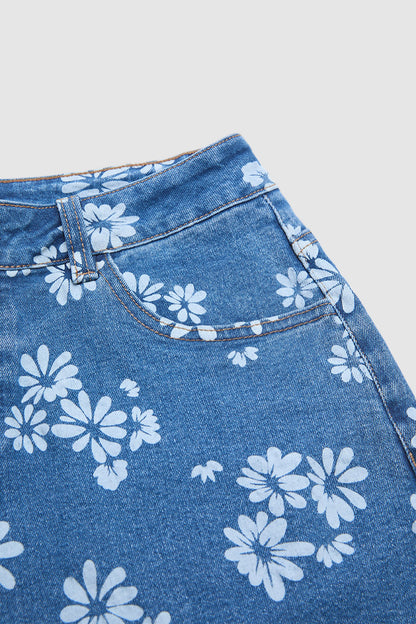 Wash Floral Print Ruffle Hem High Waist Wide Leg Jeans
