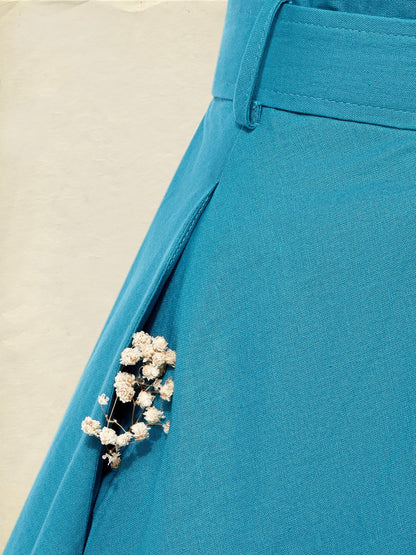 Robe midi en lin, manches courtes, col châle, unie, avec ceinture, vintage, cyan