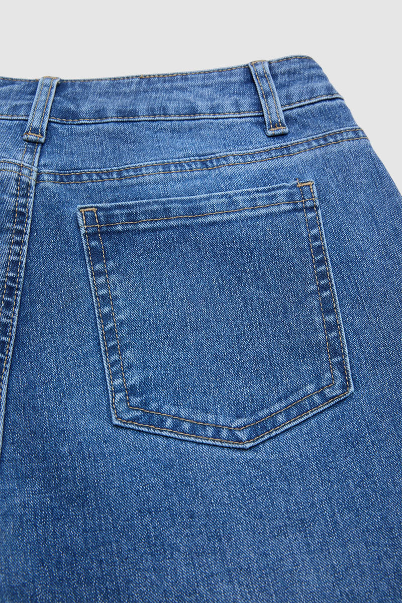 Wash Flap Pocket High Waist Straight Leg Capri Jeans Without Belt